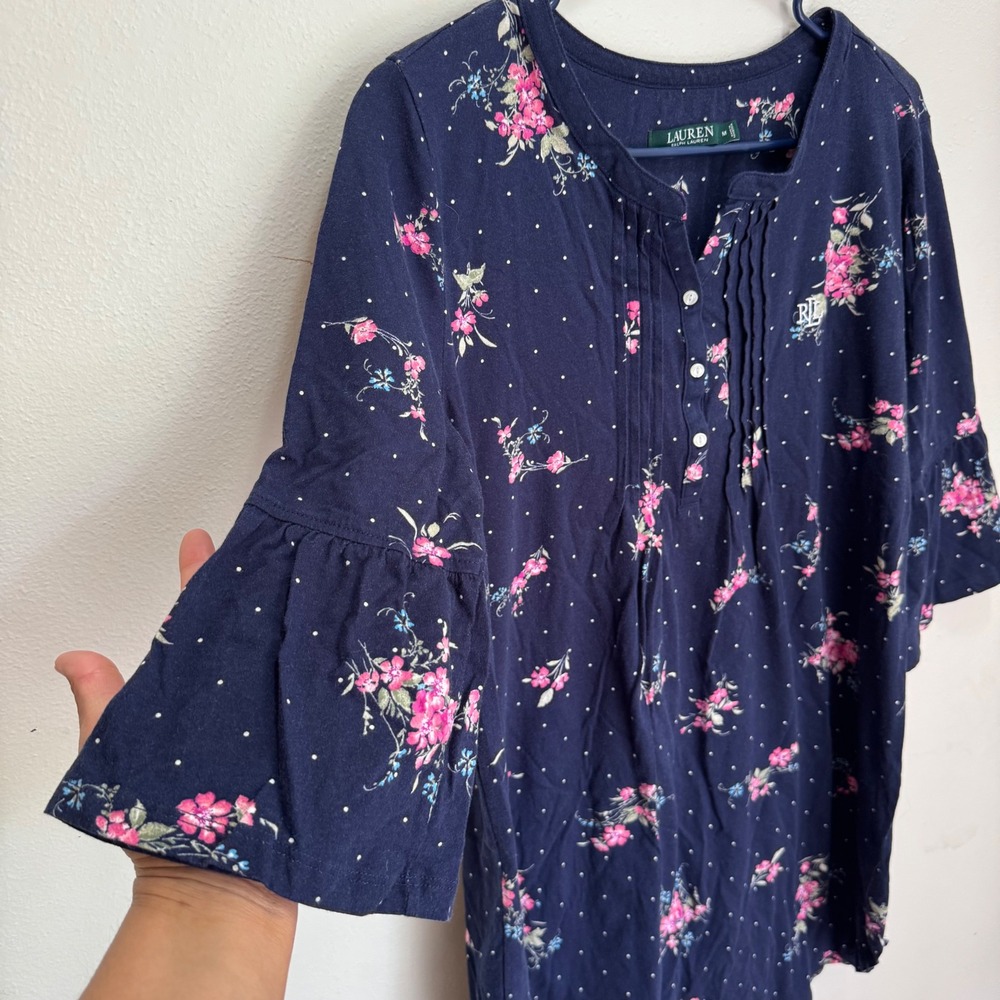 Lauren Ralph Lauren Navy Floral Polka Dot Henley Bell Sleeve Sleep Shirt M - Picture 8 of 9